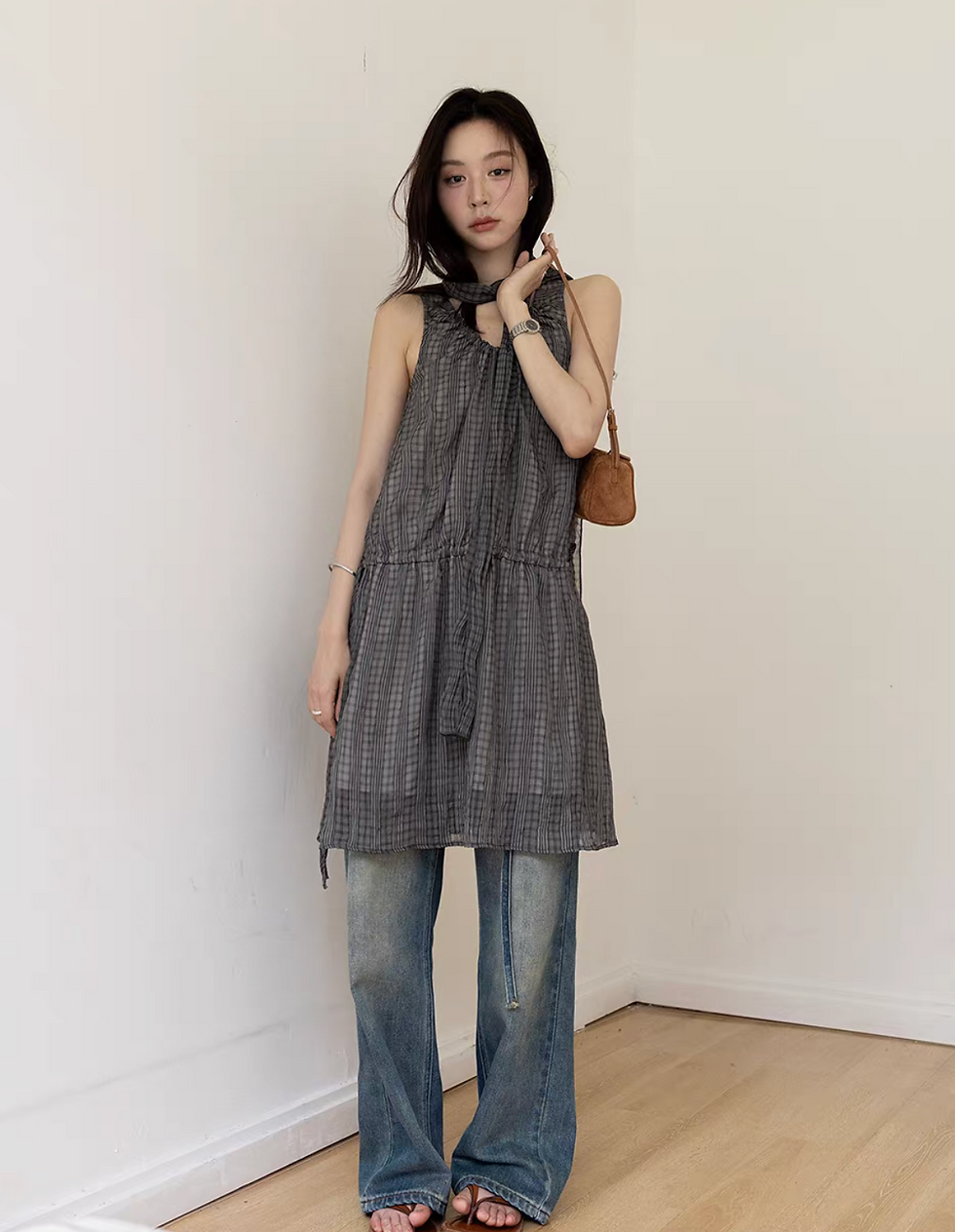 Thumbnail: Checker poly sheer charcoal collaratte +sleeveless drawstring lined dress s