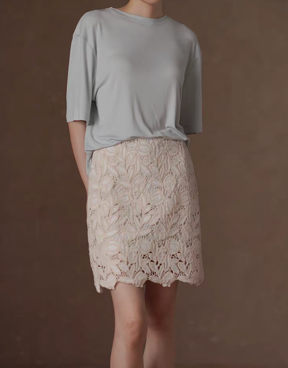 Thumbnail: High waisted crochet poly ivory floral zipper skirt