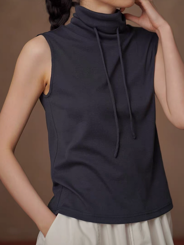 Charcoal navy drawstring standing collar cotton lyocell vest 2