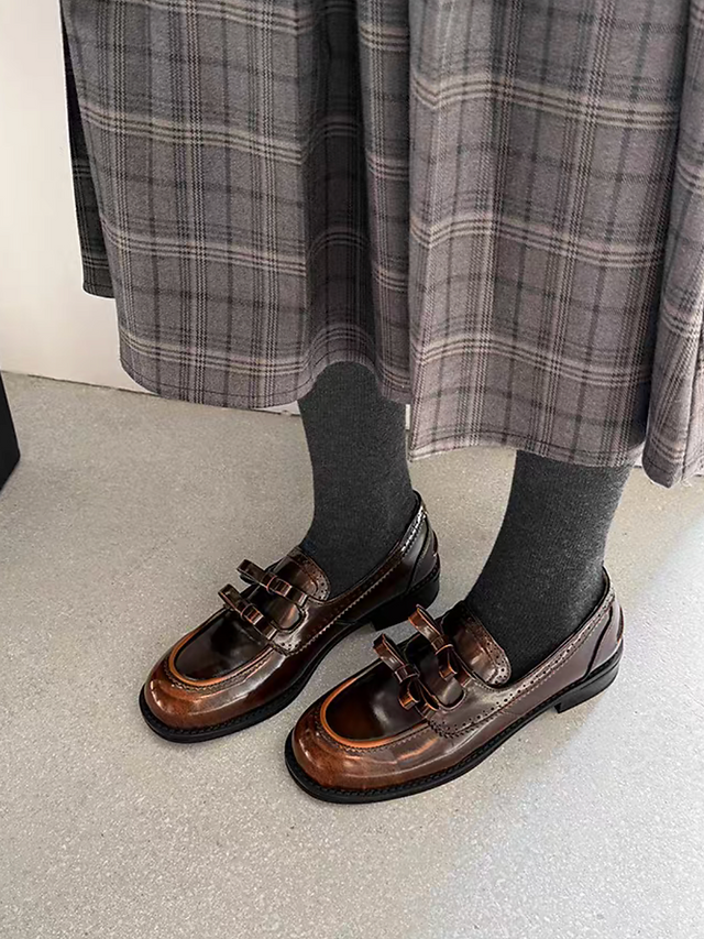 Double bows oil waxed brushed off calf leather loafers 8