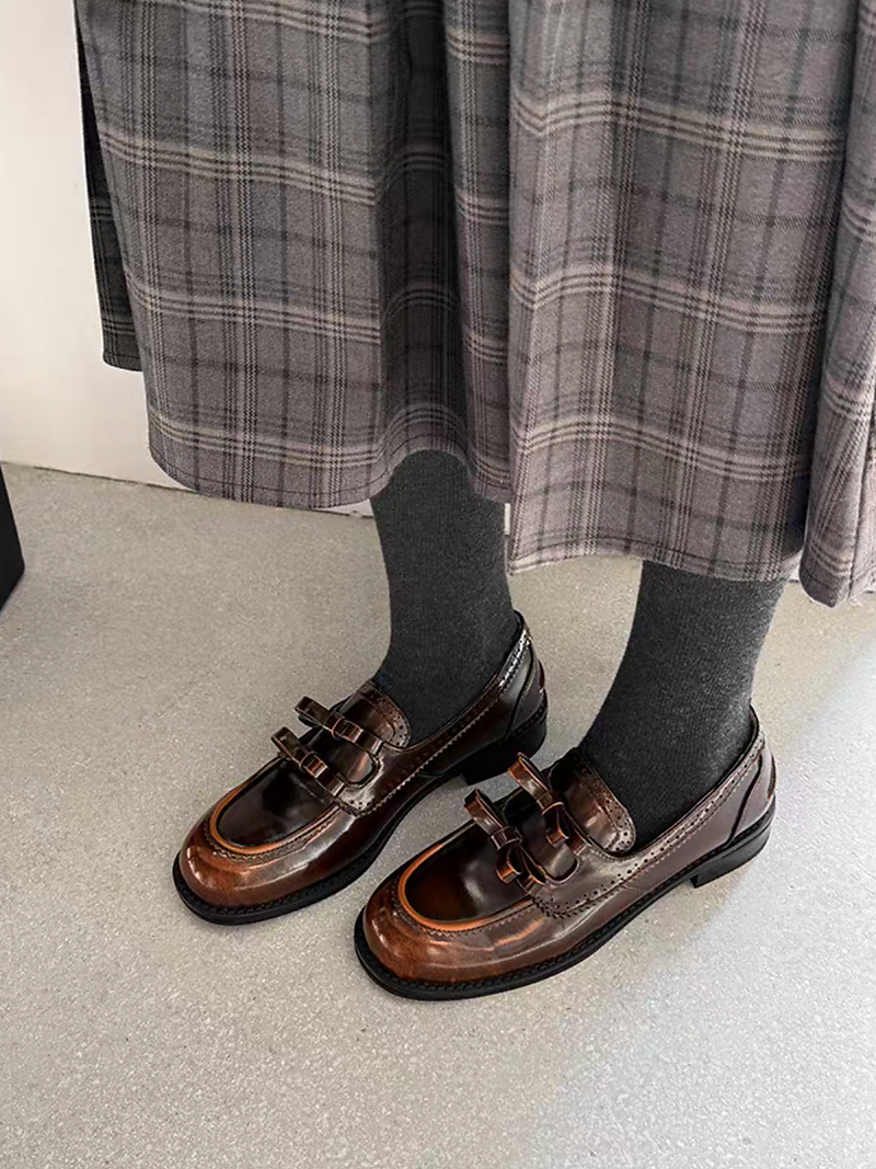 Double bows oil waxed brushed off calf leather loafers 8