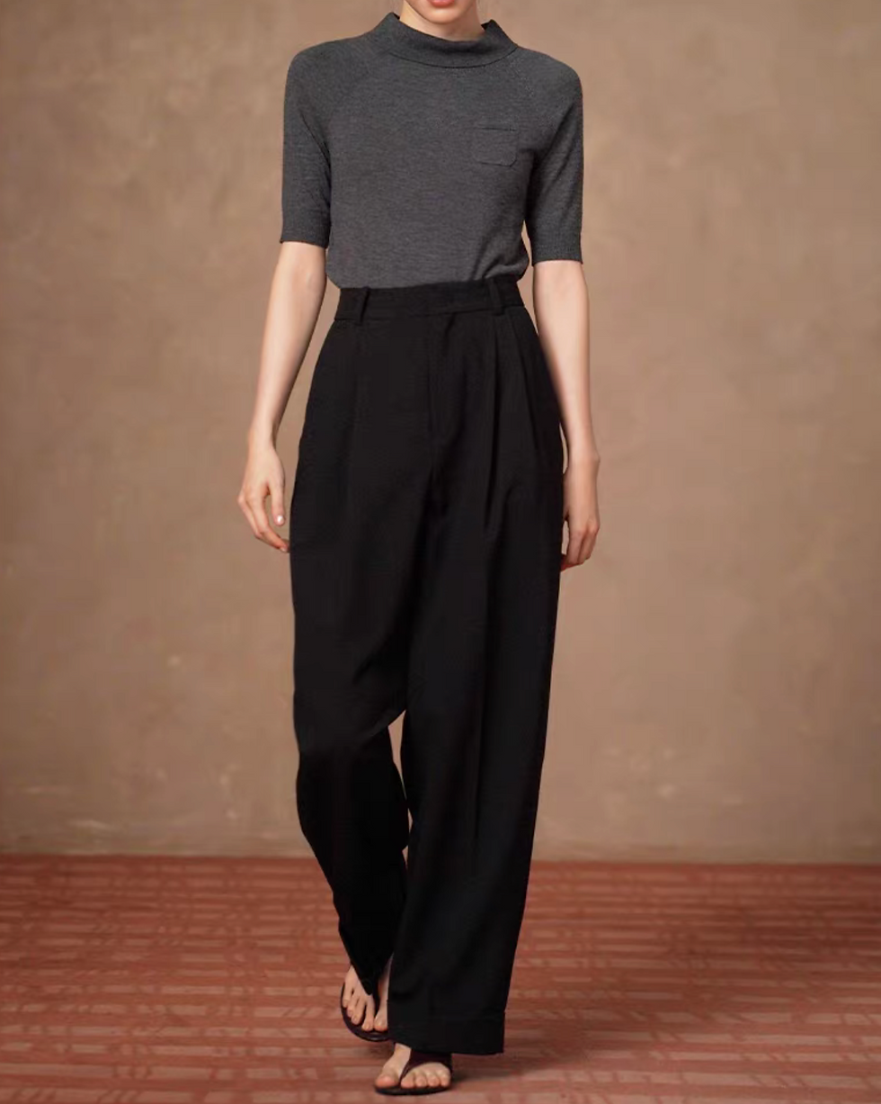 Thumbnail: High waisted black taper poly wool non-crease pleated straight pants
