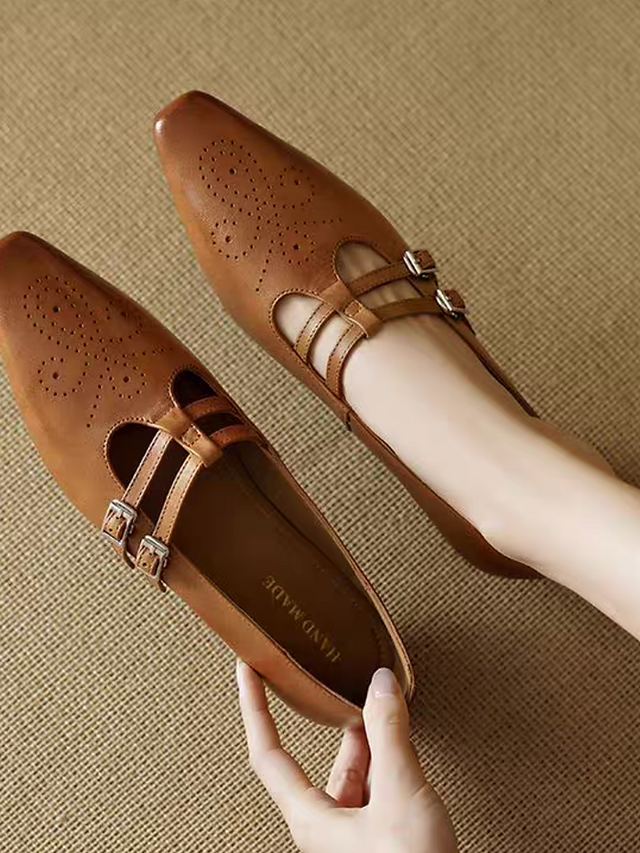 Double straps pointy brogue lambskin pointy Mary Janes 7