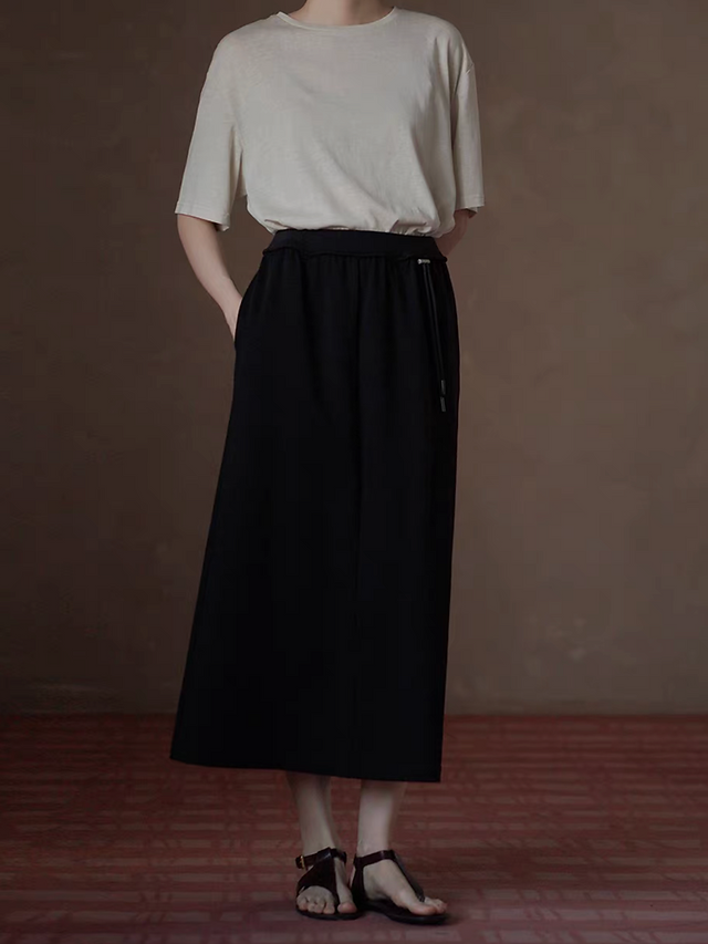 Cotton poly side drawstring elasticated black casual skirt 5