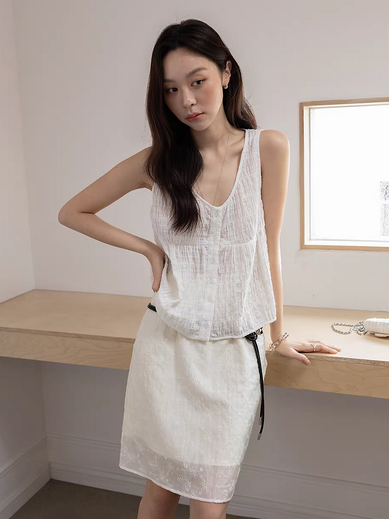 Ivory back elasticated floral embroidered layered tencel poly skirt 1