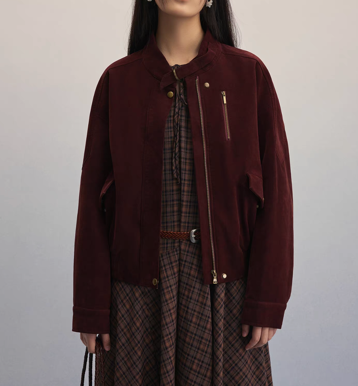 Bordeaux synthetic leather suede elastic trim pilot jacket