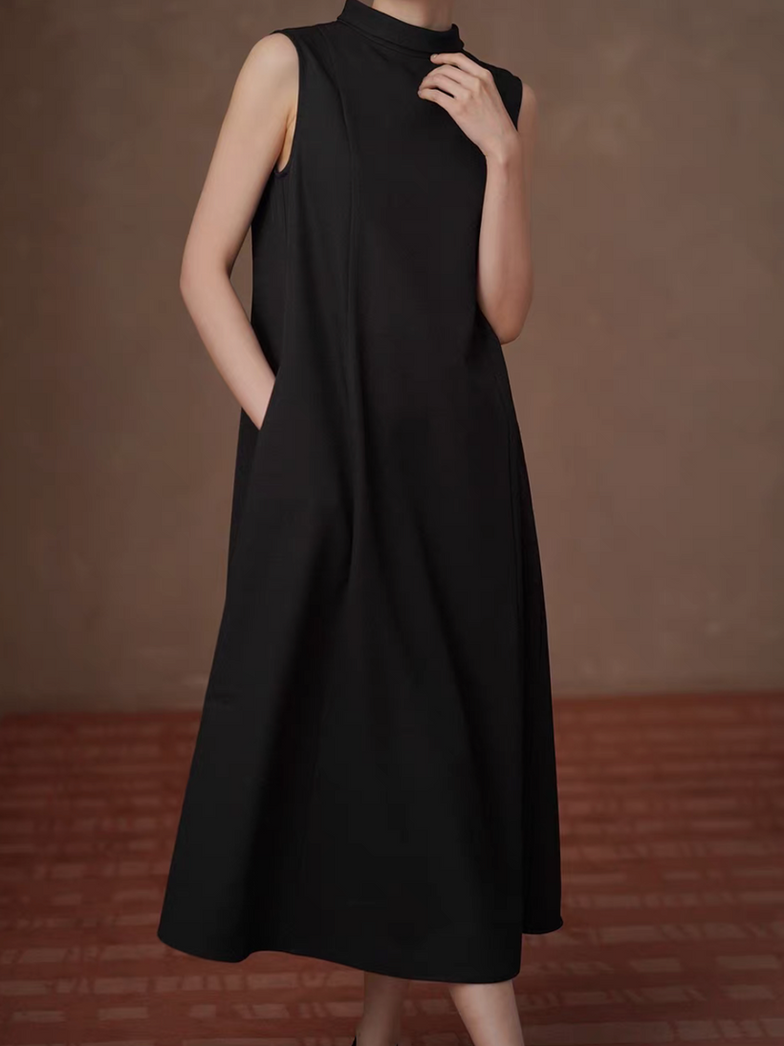 Standing stereo collar side pocket sleeveless cotton rayon maxi dress 2