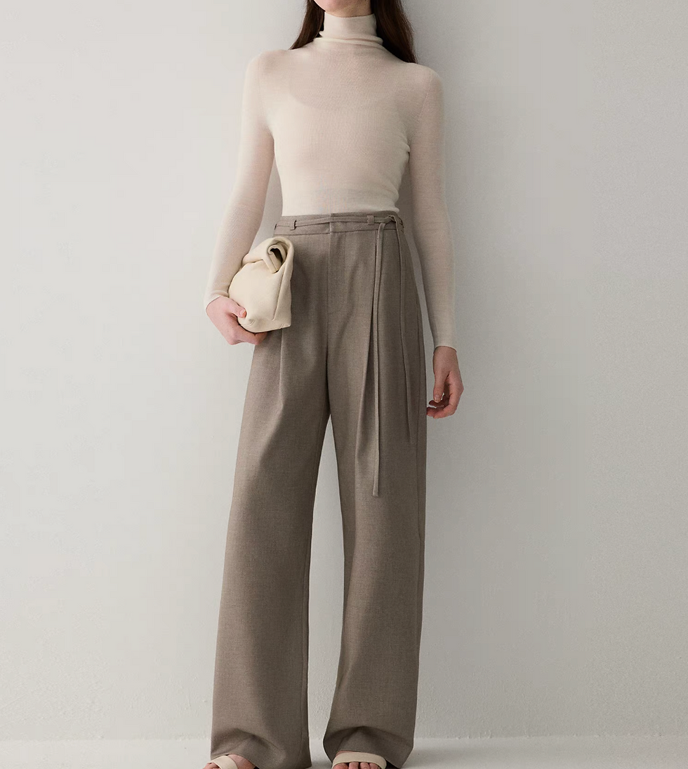 Thumbnail: Khaki beige belted high waisted pleated tencel wool rayon pants