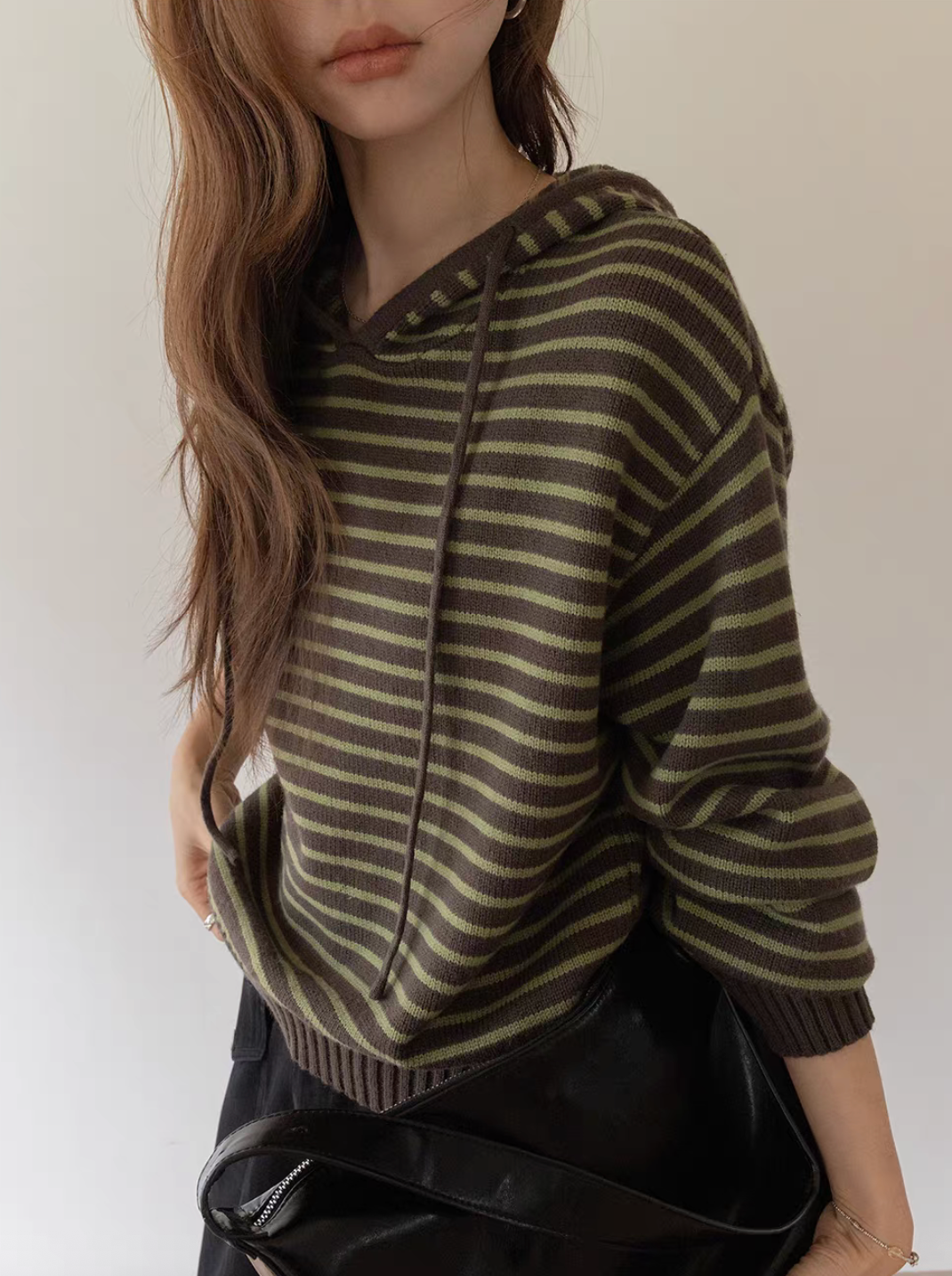 50% Merino wool drawstring striped hoodie jumper