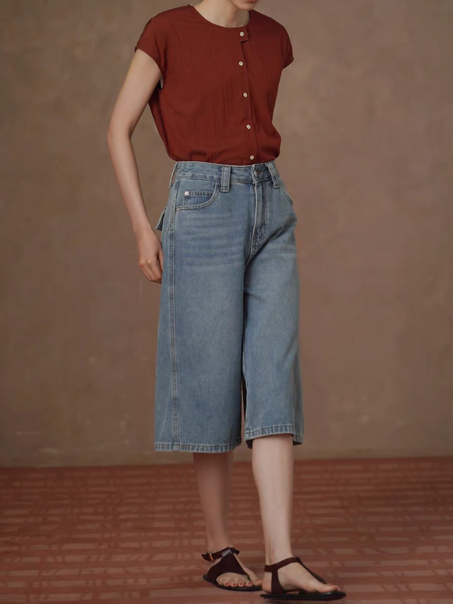 Poly rayon buttoned flutter sleeves brick red blouse 9
