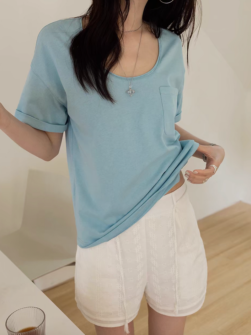 Modal cotton U neck roll trim folded sleeves tee 6