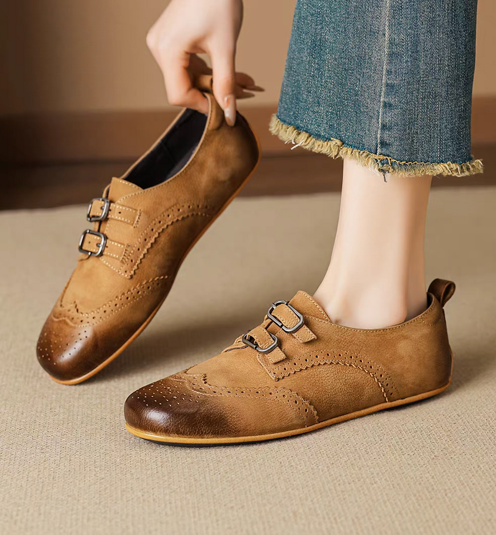 Thumbnail: Calf leather brogue double strap buckles monk loafers