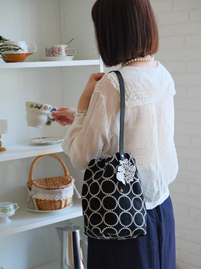 Mina Perhonen embroider lace crochet charm cotton linen leather strap bucket bag 5