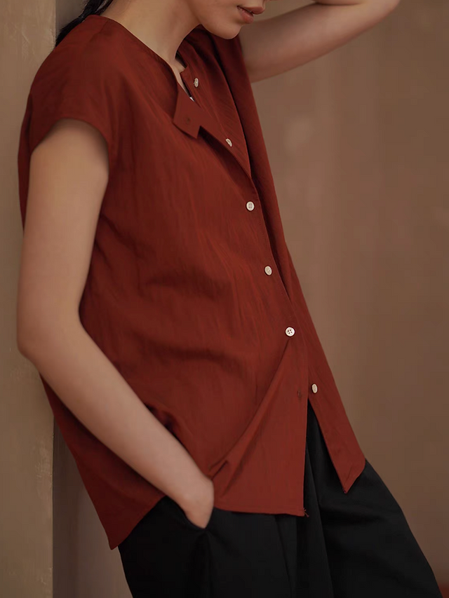 Poly rayon buttoned flutter sleeves brick red blouse 3