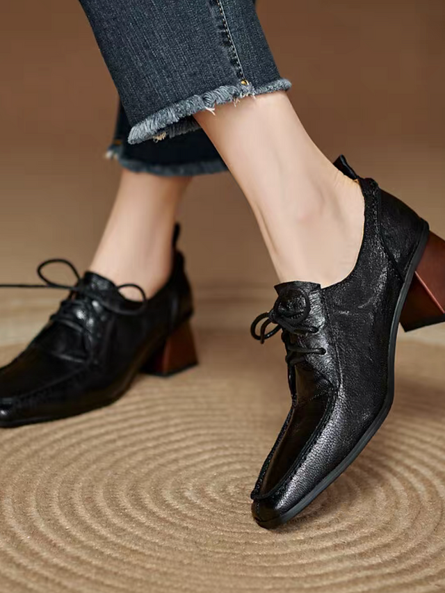 Lambskin square toe lacing chunky heel shoes 5