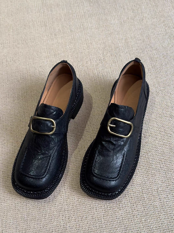 Ruffled calf leather square toe buckle strap loafers