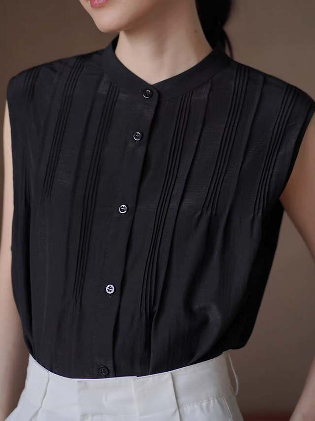 Black pleated poly rayonn crewneck side slit vest 1