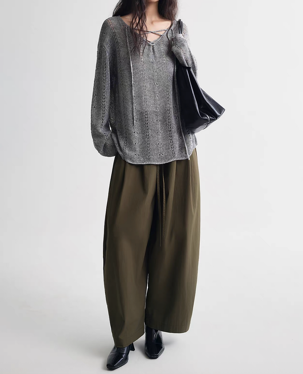 Thumbnail: Olive green elasticated drawstring poly rayon cotton barrel pants