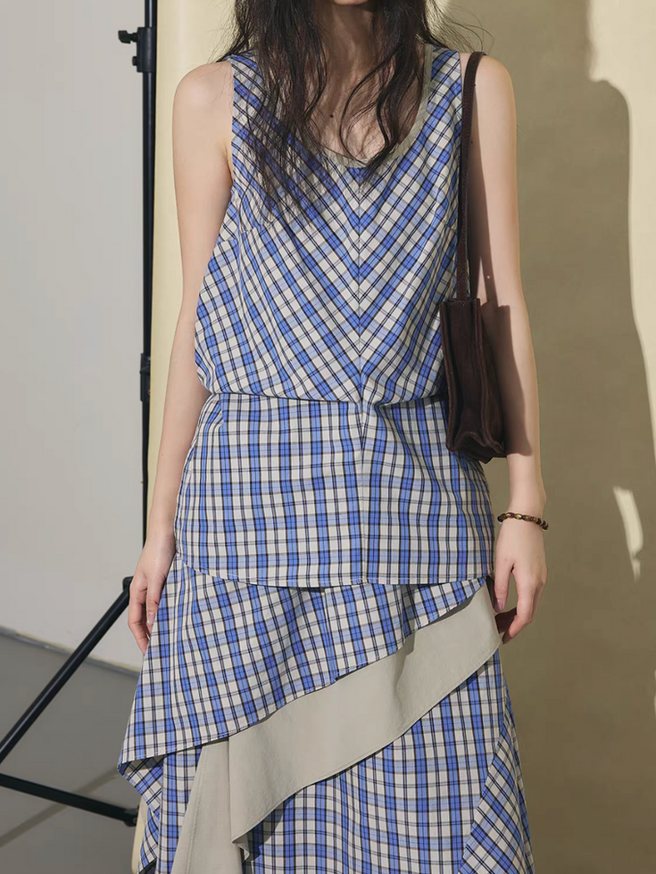Beige trim checker asymmetric blue cotton linen vest 1