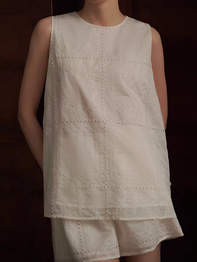 Ivory crochet crewneck boxy lyocell embroidered vest + elasticated shorts set 7