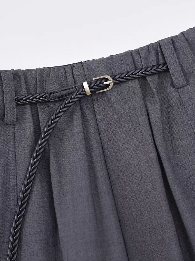 Leather weaved belt+elasticated charcoal grey contour poly rayon linen pants set 14