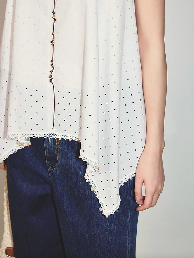 Crochet asymmetric pure cotton lace trim back knot vest 11