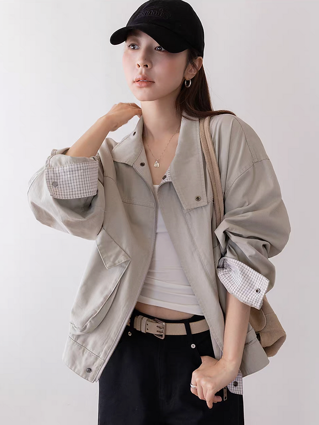 Beige checker fabric lined denim two way jacket 12