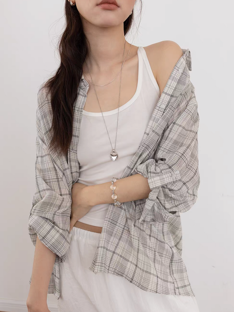Pure cotton checker two way slightly sheer mid length shirt 12