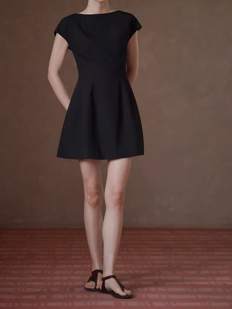 Black flutter sleeves cotton rayon midi flare slim cut dress 2