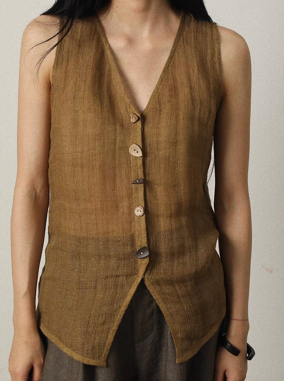 Thumbnail: Various buttons V neck linen lyocell caramel khaki vest