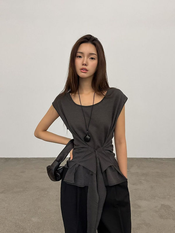 Front buttoned knot U neck linen acrylic nylon blouse