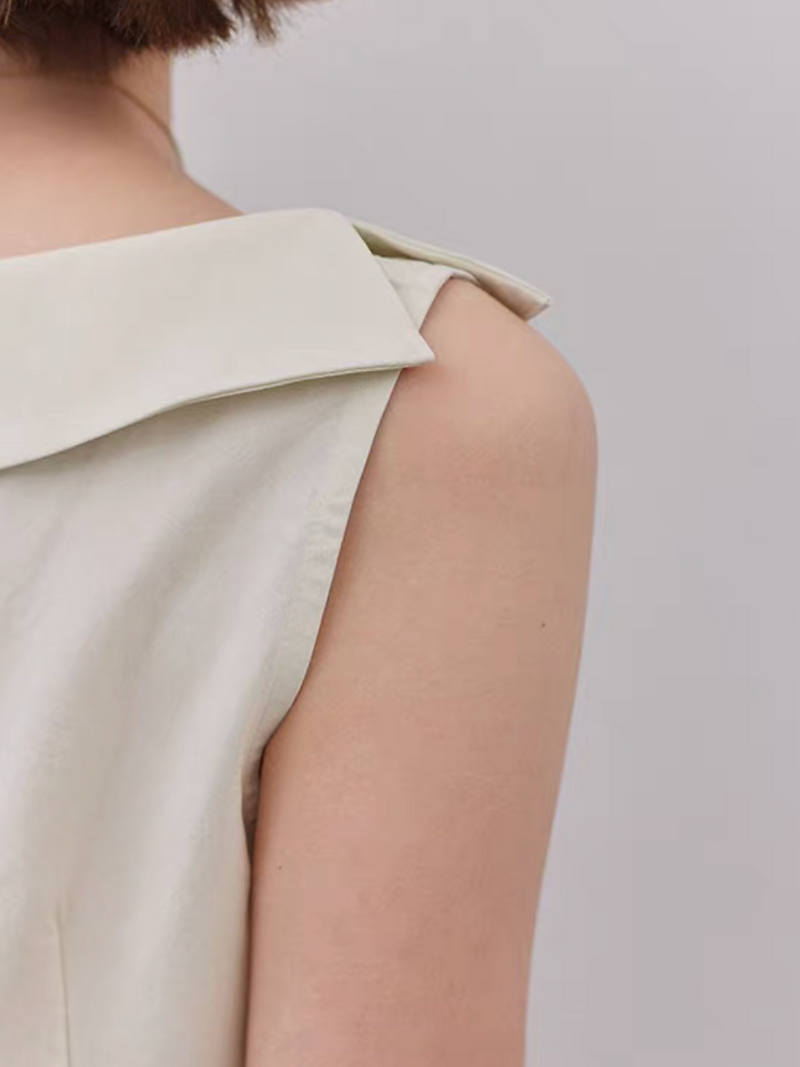 Folded asymmetric collar beige cotton slim cut vest 5