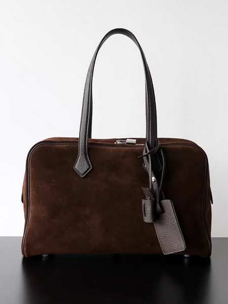 Brown suede calf leather tag handle shoulder bag with pad lock