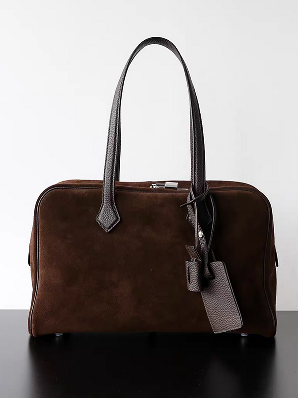 Brown suede calf leather tag handle shoulder bag with pad lock