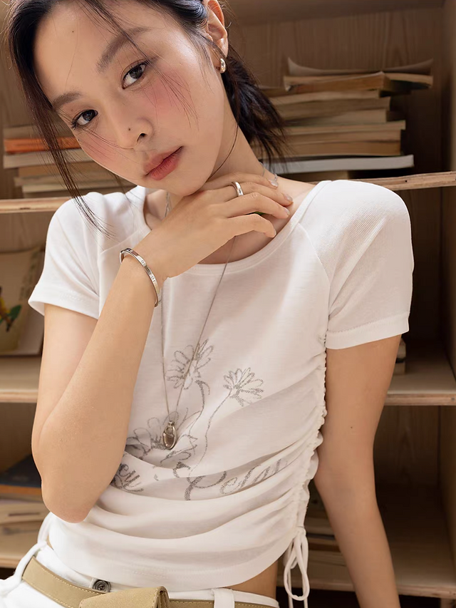Side drawstring stretchy pure cotton floral print tee 11