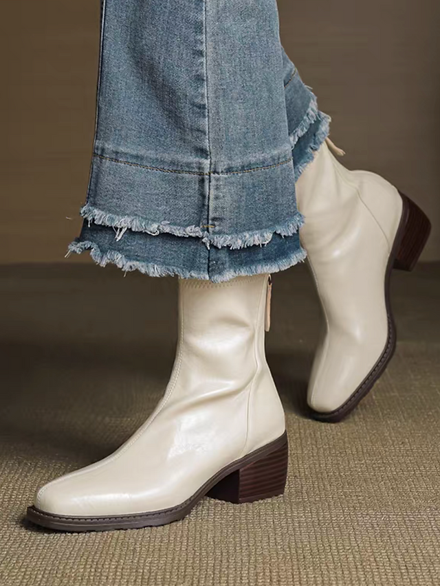 Calf leather wood heel back zipped ankle boots 12