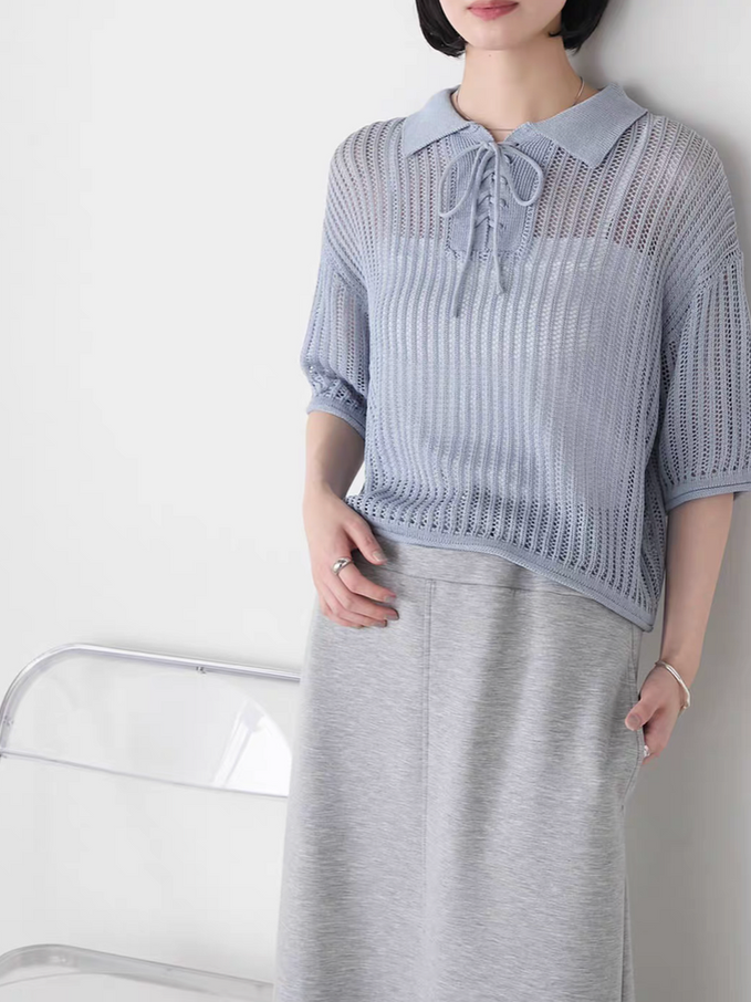 FORSKY knitted cotton acrylic polo lacing cropped top 5