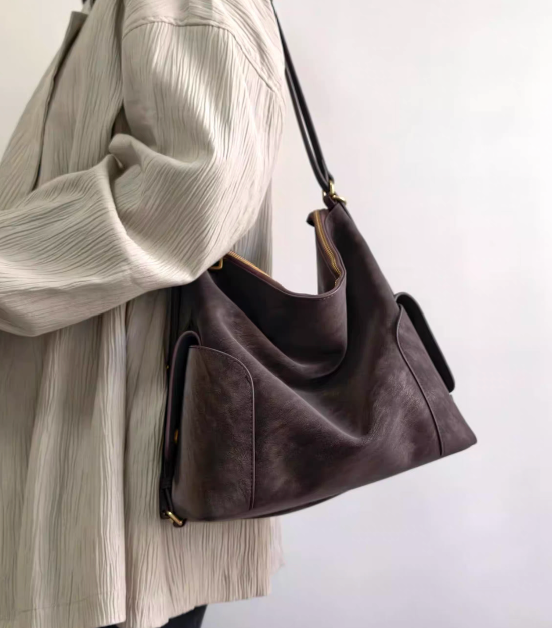 3 way calf leather side pockets handle + backpack + crossbody hobo bag