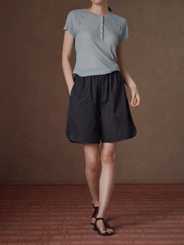 Poly rayon wool striped elasticated waistband shorts 5