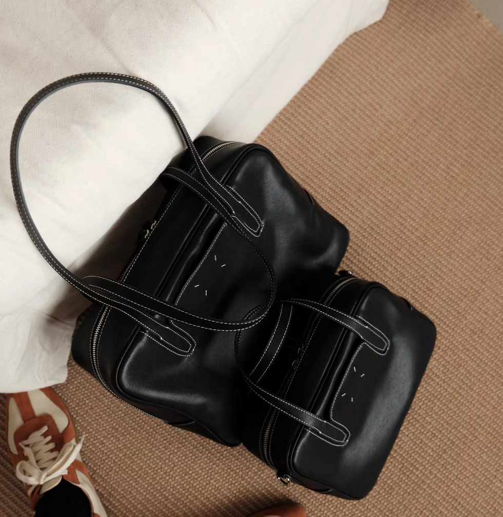 Thumbnail: Black color white stitched smooth calf leather bowling bag