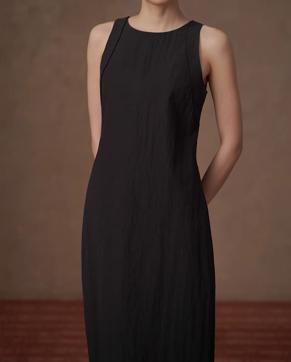 Thumbnail: Lyocell cotton rayon halter black contour back zipped sleeveless dress