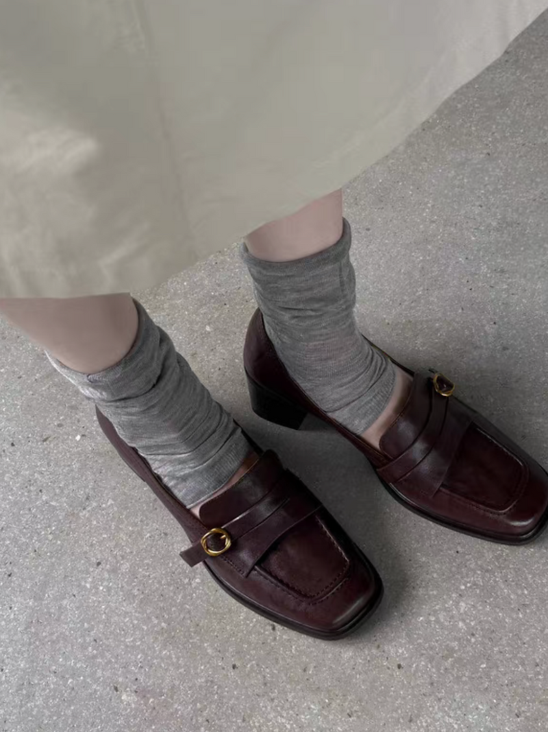 Layered buckle strap calf leather low heels 12