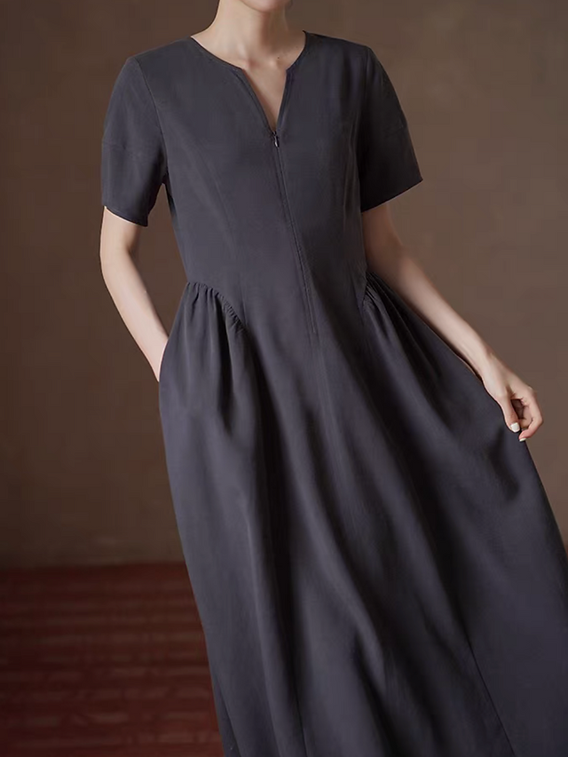 Charcoal lyocell linen shortsleeved midi side pockets dress 3