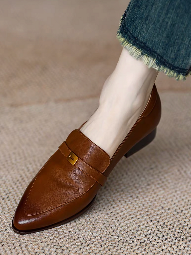 Calf leather pointy penny saver metal plate brushed off loafers 1