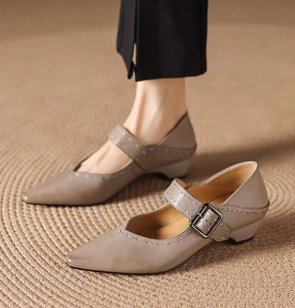 Thumbnail: White stitched calf leather pointy low heel Mary Janes