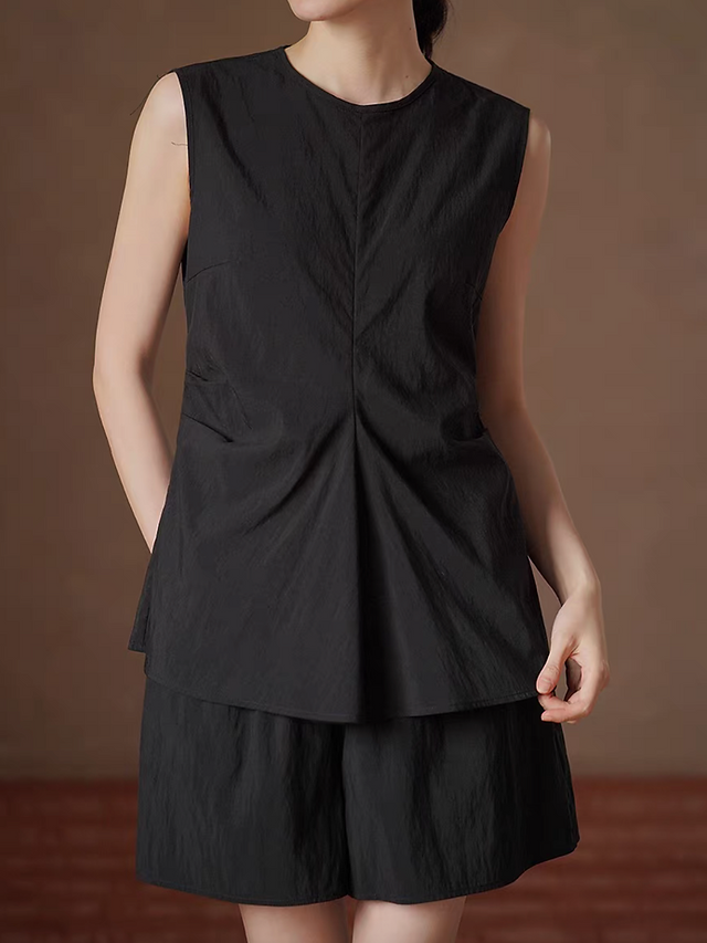 Black lyocell linen back buttoned side pleated vest + shorts set