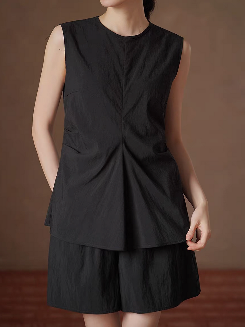Black lyocell linen back buttoned side pleated vest + shorts set 1