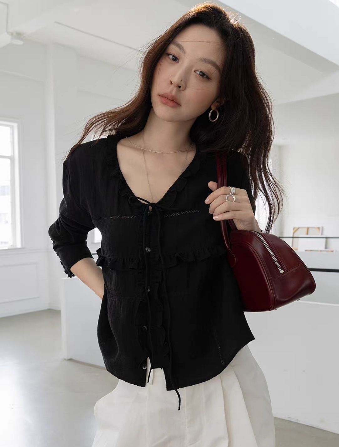 Ruffles laced trim drawstring cotton rayon lyocell blouse