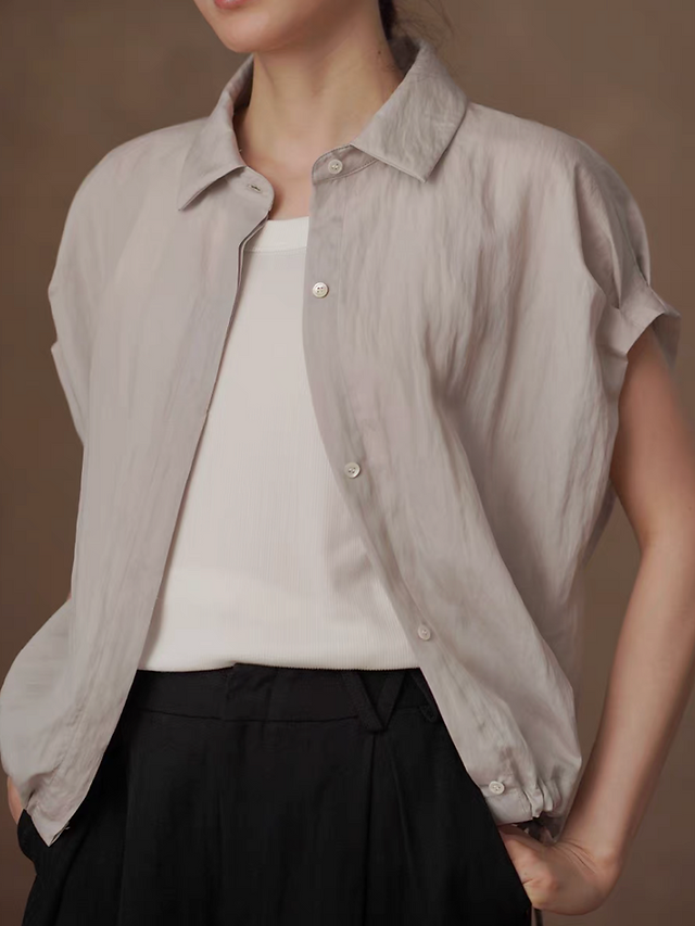 Lyocell rayon sora beige elastic rim drawstring flutter sleeves shirt 1