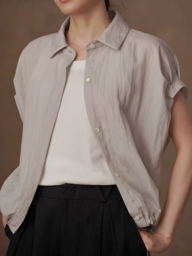 Lyocell rayon sora beige elastic rim drawstring flutter sleeves shirt 1